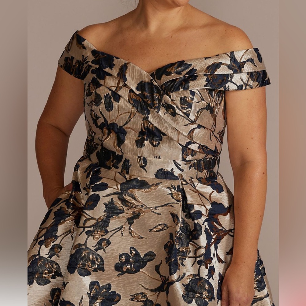 Oleg Cassini Metallic Brocade Off The Shoulder High Low Dress - Picture 3 of 15